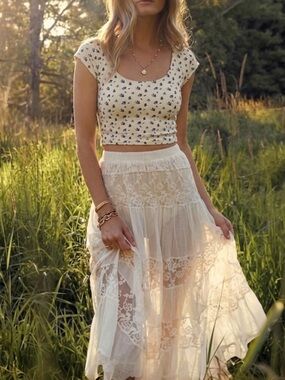 Gaze Y2K Floral Ribbed Crop Top Cap Sleeve Cream Blue Roses M Lined